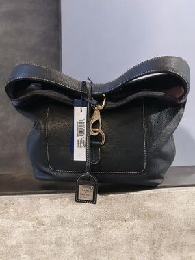 Dooney & Bourke Black Pebbled Leather Shoulder Hobo with Contrast Stitching